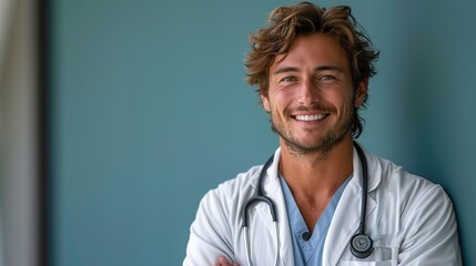 young doctor man over isolated blue wall smiling a lot copy space - Powered by Adobe