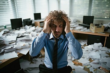 stressed businessman in messy office