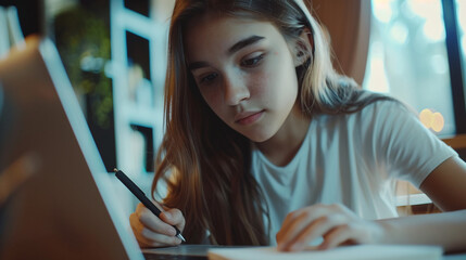A young schoolgirl sits at the table at home and studies homework using a laptop
