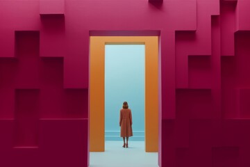 woman walking into rectangular opening in coloured wall