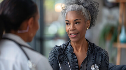 Mature woman with a stethoscope, consulting a patient online