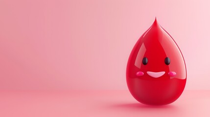 Obraz premium 3D cartoon red drop of liquid with a smiling face, medical attention and care for people, with a light pink background color