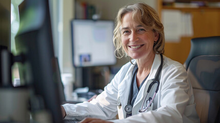 Middle-aged female clinician smiling while using telehealth technology