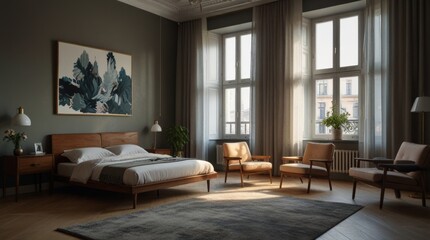 Comfortable soft sofa with decorative cushions in spacious modern living room with parquet floor and white walls near staircase in daylight