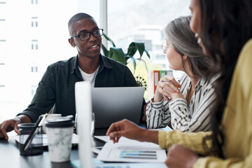 Business people, meeting and teamwork or listening to ideas of online project, collaboration and...