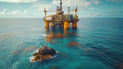 Obraz premium offshore oil and rig platform in sunset or sunrise time construction of production process in the sea