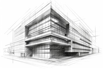 architectural drawing of modern building, detailed sketch lines