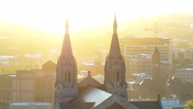 Sioux Falls South Dakota Cathedral at sunrise in the summertime with light beams