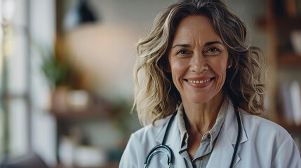 Middle-aged female clinician smiling while using telehealth technology