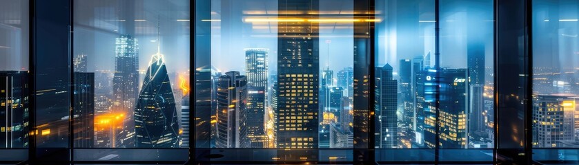 Panoramic view of a modern cityscape with illuminated skyscrapers from a high-rise building, displaying an urban night skyline.