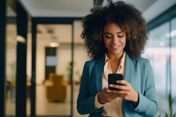 Beautiful smiling curly-haired businesswoman using smartphone in office, copy space. Beautiful smiling curly-haired businesswoman using smartphone in office, copy space