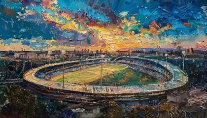 Capture the majestic aerial view of a sporting event celebrating achievements while highlighting environmental conservation efforts in a vibrant Impressionist painting