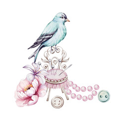 Watercolor vintage blue bird and pincushion, pins, buttons, pearl jewelry with romantic flowers. Tailoring and Fashion Design for logo, postcards, fabric. Dressmaker production for fashion in retro