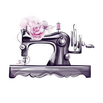 recommend clip art: Watercolor vintage sewing machine for tailoring. Clothes design. Handcraft in retro style. Vintage old-fashion, tailoring for logo, postcard, fabric, printing