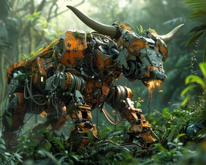Capture the raw power of a robotic Minotaur tangled in vines, sparks flying from its hydraulic limbs in a lush, jungle setting Rendered with a mix of photorealism and glitch art
