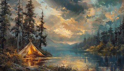 Capture the serenity of a wilderness camping scene in a Realism oil painting, with an eye-level angle showcasing intricate details of nature