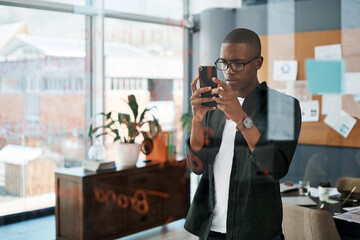 Black man, phone and creative business in office with schedule, agenda and reading email for...