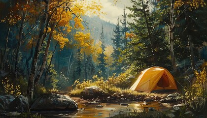 Capture the serenity of a wilderness camping scene in a Realism oil painting, with an eye-level angle showcasing intricate details of nature