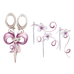 Set of Watercolor vintage needles with thread and vintage scissors with bow. Flowers and curl. Isolated. Sewing fashion, retro style for stitch, dressmaker, hobby and craft. Sewing tools, furniture