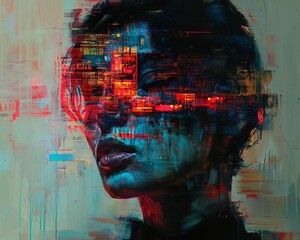 Combine traditional oil painting techniques with glitch art aesthetics