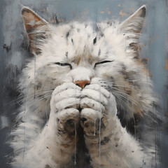 art painting cat covers nose with paw and eyes closed