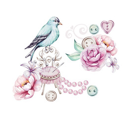 Watercolor vintage clip art - blue bird and pincushion, pins, buttons, scissors, pearl jewelry with romantic flowers. Roses and peony. Tailoring and Fashion Design for logo, postcards, fabric