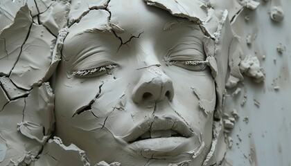 Craft a detailed clay sculpture of a shattered mirror reflecting a distorted self-portrait Experiment with unexpected camera angles to capture the fragmented psyche in a surreal wa