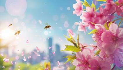 Honey Bees Pollinating Cherry Blossom Flowers