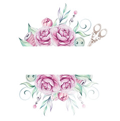 Watercolor sewing border - patterns of bloom bouquet roses, peonies, scissors, buttons. Romantic springtime flower with leaves, vintage style. For design, postcards, wedding, textile, greeting cards