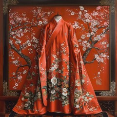 A red Chinese robe with floral embroidery displayed on a red background with cherry blossoms.