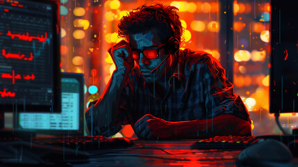 a trader or hacker man, wearing red-tinted glasses and a headset, sitting at a desk with multiple computer screens displaying complex data or code, filled with vibrant, chaotic red and orange lights
