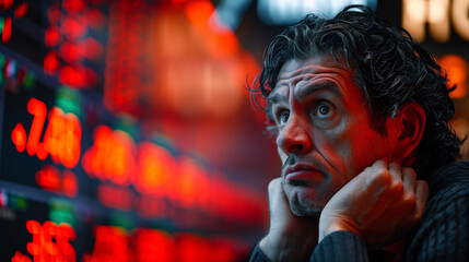 middle-aged businessman, with a worried and tense expression, in front of stock market screens filled with red numbers indicating a financial crisis or downturn, emphasizing the intensity and anxiety