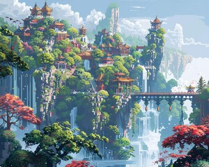 Craft a pixel art composition featuring fantastical floating islands at eye level, playing with perspective to immerse viewers in a dreamlike realm of lavish imagination