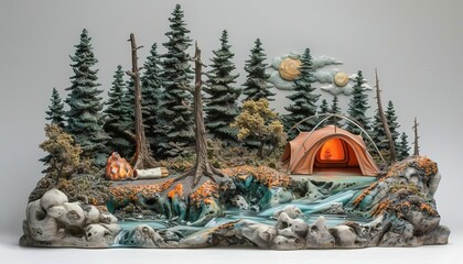 Craft a Surrealism clay sculpture of a dreamlike wilderness camping scene, from eye level, blending reality and fantasy into a distinctive and captivating artwork