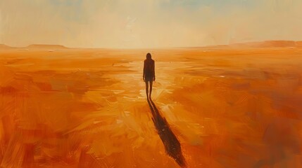 Create a minimalist oil painting of a mysterious figure in a vast, empty desert Incorporate psychological elements like fragmented shadows and distorted perspectives