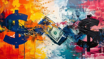 Create an Abstract Art representation of Financial Trends using vivid acrylic colors and dynamic brush strokes