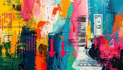 Create an Abstract Art representation of Financial Trends using vivid acrylic colors and dynamic brush strokes