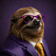 Fototapeta premium a sloth, a surprisingly stylish businessman. The sloth, looking dapper in a yellow suit and violet horn-rimmed glasses