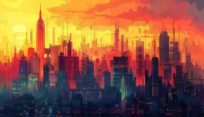 Employ pixel art to create a panoramic view that merges bar graphs and cityscapes, using bold colors and crisp lines to draw viewers into the data viscerally