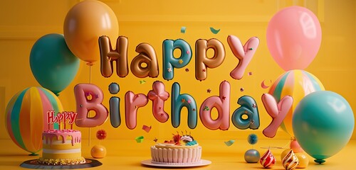Happy Birthday written with beautiful stylish letters on a plain goldenrod background with festive balloons, a cake, and a birthday theme in the corner