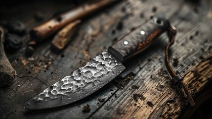 A meticulously hand-forged knife featuring a robust steel blade with a unique, textured finish, showcasing the craftsmanship of traditional blacksmithing.