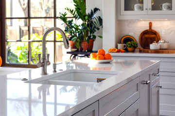 Stylish white quartz countertop with kitchen sink and faucet, surrounded by potted plants and fresh oranges in a bright kitchen.