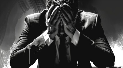 Businessman in a suit, head in hands, crying at his desk