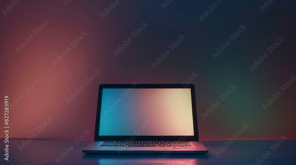 Poster a laptop is open on a table with a purple background