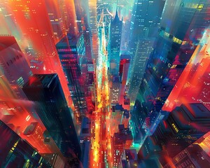 Experience a surreal fusion of reality and imagination through a high-angle perspective of a 3D-rendered, abstract cityscape, pulsating with vivid colors and unexpected angles