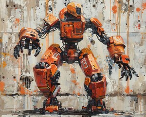 Express the fusion of street art and artificial intelligence through a traditional oil painting medium Showcase the intricate details of the robotic dance against a gritty urban ba