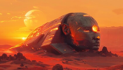 Illustrate a sleek, metallic Sphinx blending seamlessly into a desert landscape at sundown, lit from within by glowing LED panels, with subtle voxel art details