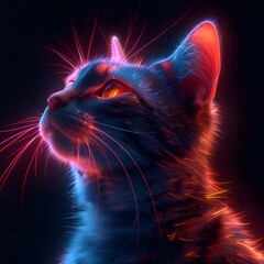 features a highly detailed, neon-lit cat profile, rendered in striking hues of blue, red, and pink