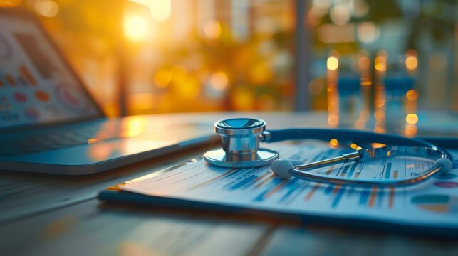 A stethoscope placed on financial charts and a tablet in a modern office setting with a sunset background