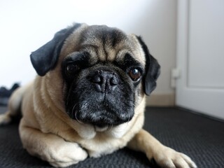 Obraz premium the pug is sitting in a clean looking room and looking at the camera
